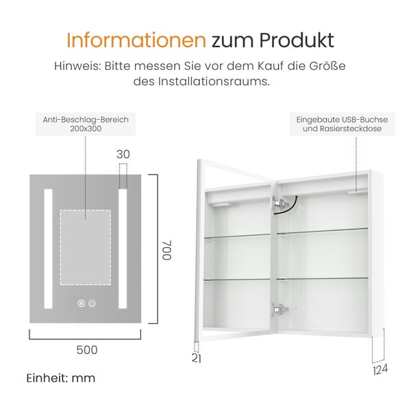 EMKE Spiegelschrank Bad mit Beleuchtung 50L x 70H x 14,5T cm, Badezimmerschrank mit LED Beleuchtung, Weiß, Touchschalter, 3 Lichtfarben, beschlagfrei, Steckdose & USB, Ablage, für Badezimmer