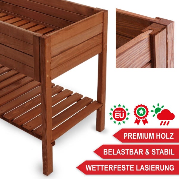 Hochbeet aus Holz mit Ablagefläche und wetterfester Lasierung, hergestellt in der Europäischen Union, belastbar und stabil.