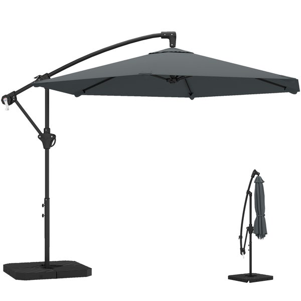 Outsunny Ampelschirm ca. Ø300 cm Sonnenschirm mit Verriegelungsmechanismus Kurbel Ständer Gewichten, UV-Schutz Wasserabweisend Gartenschirm Marktschirm Kurbelschirm Dunkelgrau