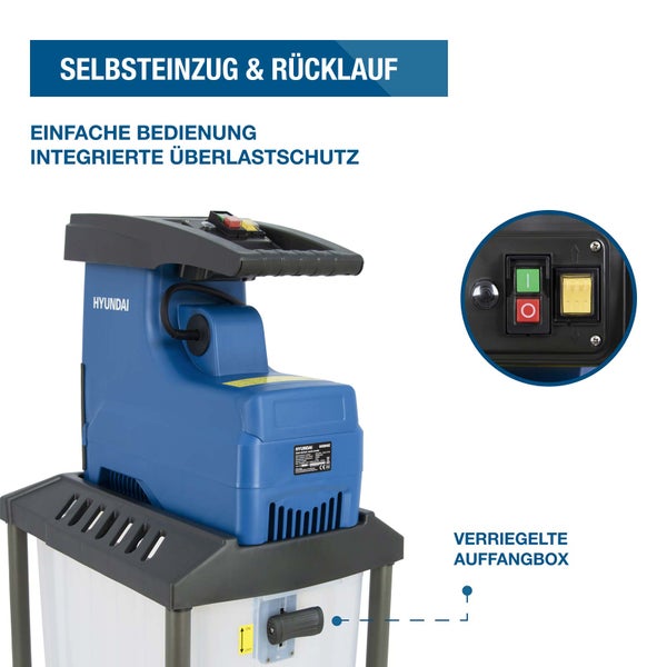 Hyundai Gartenhäcksler mit Selbsteinzug, Rücklauf, einfacher Bedienung, Überlastschutz und verriegelter Auffangbox.