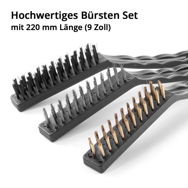 Dreiteiliges Bürsten-Set mit 220 Millimeter Länge, bestehend aus Nylon-, Edelstahl- und Messingborsten mit Kunststoffgriffen.