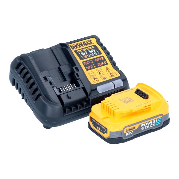 DeWalt Akku-Ladegerät DCB1104 für 12 Volt und 18 Volt Akkus und ein DeWalt Powerstack 18 Volt Akku.