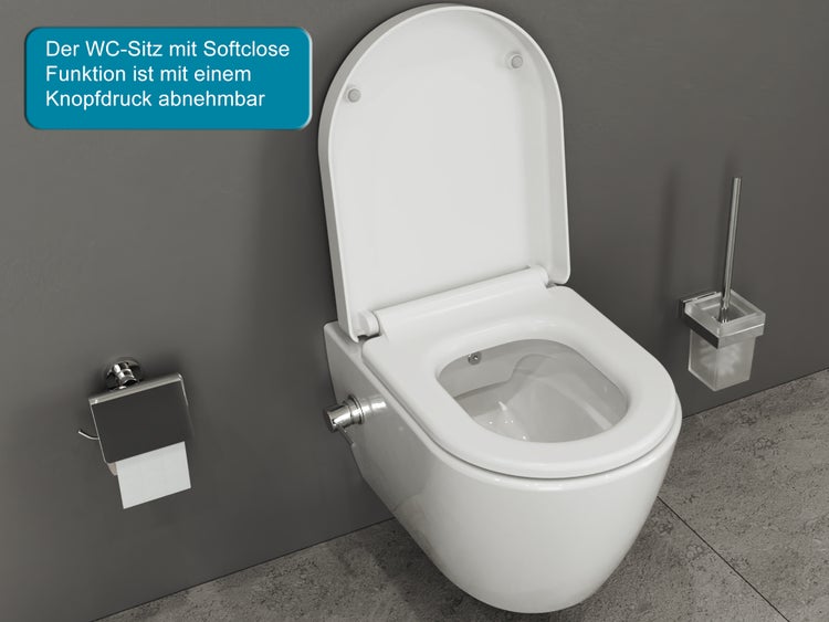 Aqua Bagno Taharet Hänge-Dusch-WC New Cloud 2.0 – Spülrandlos – Weiß – Bidetfunktion mit Warm-/Kaltwasser