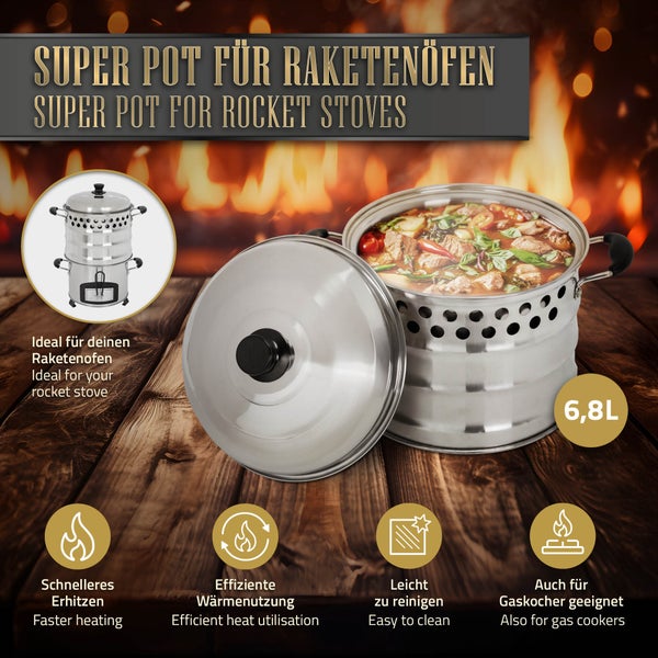 BBQ#BOSS Kochtopf aus Edelstahl für Raketenofen, Ø 24 cm, 6,8 Liter, Topf mit Deckel und Griffen, Outdoor-Kochen, Ideal zum Grillen und Kochen im Raketenofen, Für Camping, Outdoor, Garten und Terrasse