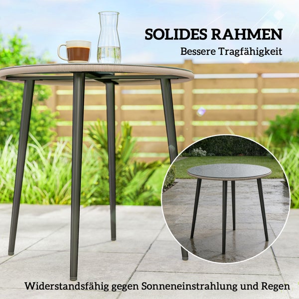 Runder Gartentisch mit solidem Metallrahmen und wetterfester Oberfläche, geeignet für Sonne und Regen, auf einer Terrasse dargestellt.