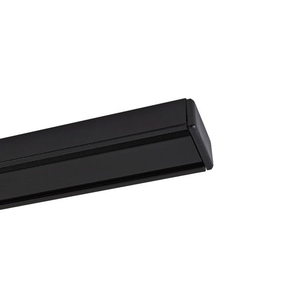 Schwarze Stromschiene mit Endkappe für Schienensysteme.