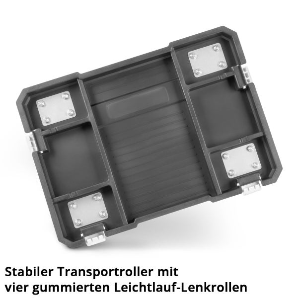 Stabiler Transportroller mit vier gummierten Lenkrollen