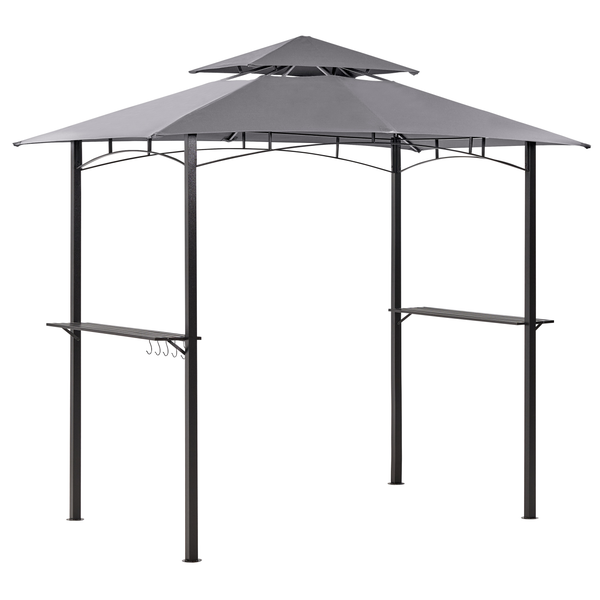 Grillpavillon mit zwei seitlichen Ablageflächen und Haken für Grillzubehör sowie einem zweistufigen Dach für eine bessere Belüftung.