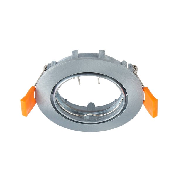 Einbaurahmen für Strahler aus gebürstetem Metall mit seitlichen Federklammern.