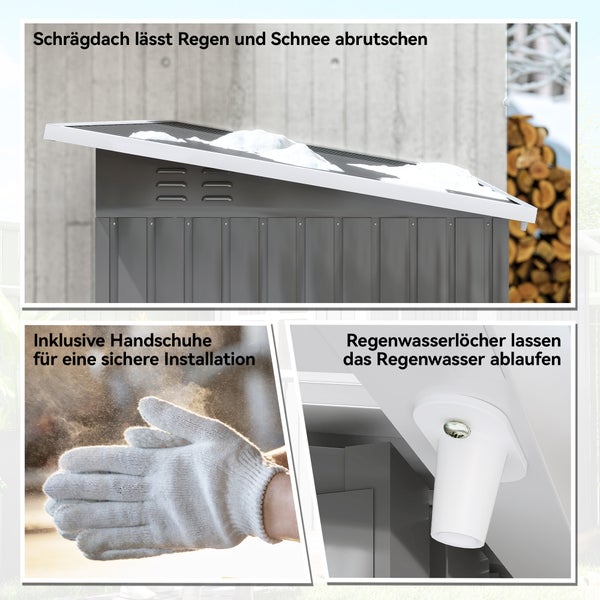Gerätehaus mit Pultdach für Schneeabrutsch, inklusive Montagehandschuhe und Regenwasserablauf.
