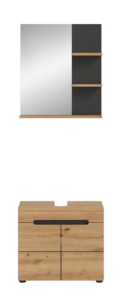 Badezimmermöbel-Set bestehend aus Waschbeckenunterschrank in Eichenoptik und Wandspiegel mit offenen Regalfächern.