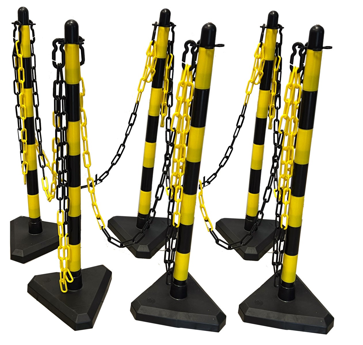 UvV GIALLI Lager Kettenpfosten Set + 6mm Kunststoffkette gelb/schwarz / 6 Pfosten + 12.5 m Kette / Betonfuß (dreieck)