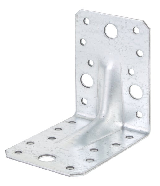 Winkelverbinder aus verzinktem Stahl mit Verstärkungssicke und zahlreichen Nagellöchern für die Holzverbindung