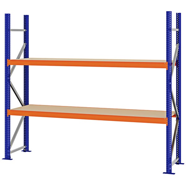 Weitspannregal aus Metall mit zwei Ebenen, blauen Ständern, orangefarbenen Traversen und Holzböden.