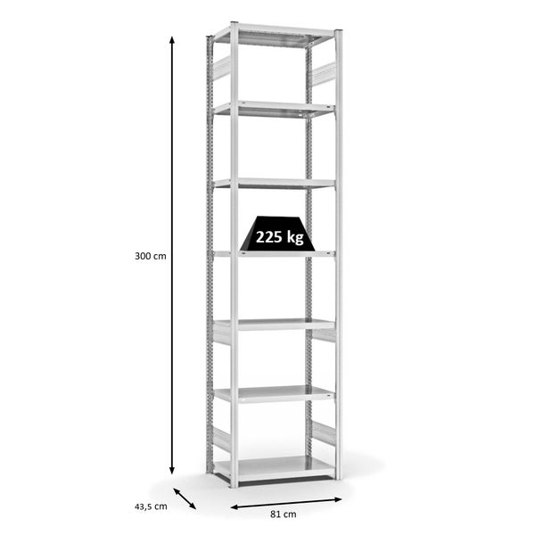 PROREGAL Fachbodenregal Stecksystem T-Profil Medium-Duty Grundregal HxBxT 300 x 75 x 40 cm 7 Ebenen Fachlast 225 kg Beidseitig Nutzbar Lichtgrau