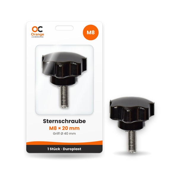 Sternschraube M8 mal 20 Millimeter mit 40 Millimeter Griff aus Duroplast in Verkaufsverpackung, Orange Commerce Logo