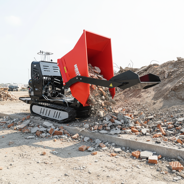 Roter Raupendumper mit Selbstladeschaufel entlädt Schutt auf einer Baustelle.