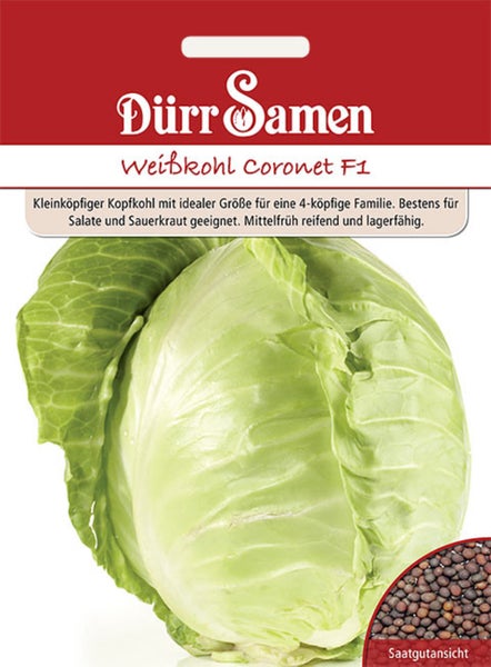 Samentüte für Weißkohl Coronet F1 von Dürr Samen mit einer Abbildung eines Kohlkopfes und einer Saatgutansicht.