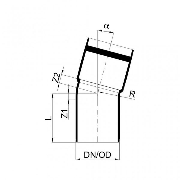 Technische Zeichnung eines Rohrbogens mit Maßangaben für Winkel alpha, Nenndurchmesser DN/OD und Längen L, Z1 sowie Z2.