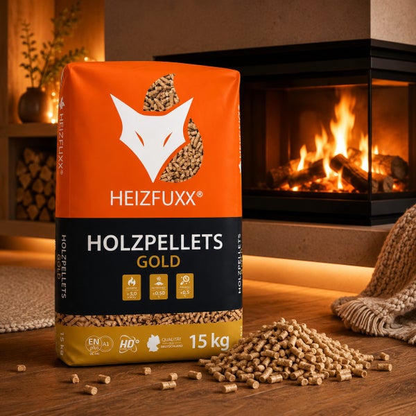 Ein 15 Kilogramm Sack Heizfuxx Holzpellets Gold mit EN plus A1 Zertifikat in einem Raum mit brennendem Kamin.