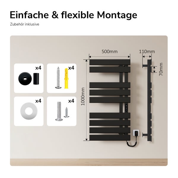 Schwarzer elektrischer Badheizkörper mit Maßen 1000 mal 500 Millimeter, inklusive Montagematerial wie Schrauben, Dübeln und Abstandshaltern.