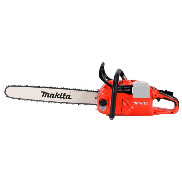 Makita Kettensäge in Rot mit schwarzem Handgriff und silberner Führungsschiene.