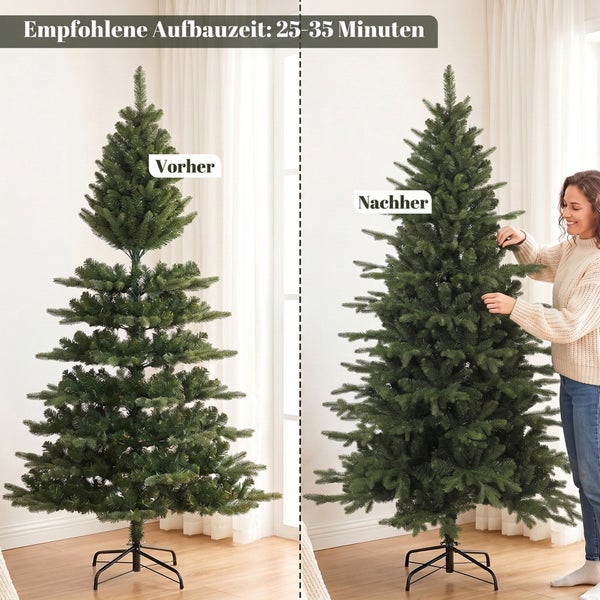 Künstlicher Weihnachtsbaum mit realistischem Nadeldesign auf einem hölzernen Kreuzständer