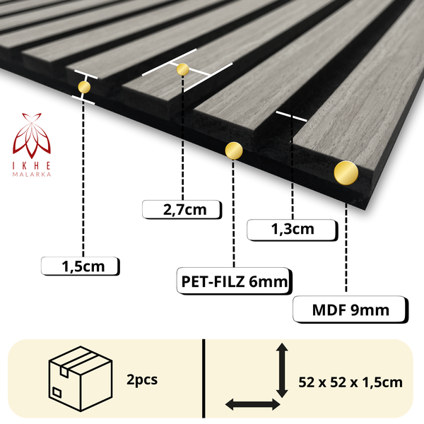 2 Stück 0,54m² / Lamellen 3d Paneele Holz Wandpaneele Deckenpaneele Dekoren/schalldämmung - PET Filz 6mm und MDF 9mm (11002C)