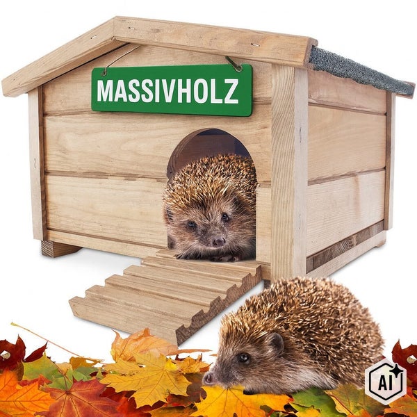 Igelhaus aus Massivholz mit abnehmbarem Dach und Rampe, inklusive herbstlichem Laub und Igel.