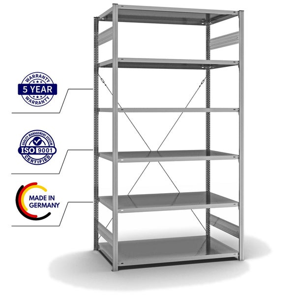 PROREGAL Fachbodenregal Stecksystem T-Profil Light-Duty Grundregal HxBxT 250 x 130 x 80 cm 6 Ebenen Fachlast 190 kg Einseitig Nutzbar Verzinkt