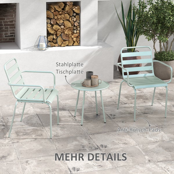 Outsunny 3tlg.  Gartenmöbel Set, mit 1 Couchtisch, 2 Stapelbaren Stühlen, 51L x 58B x 78H cm, Stahl, Grün