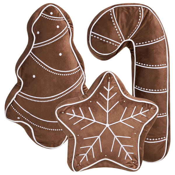 Dekorative Kissen in Form von Lebkuchen: Tannenbaum, Stern und Zuckerstange
