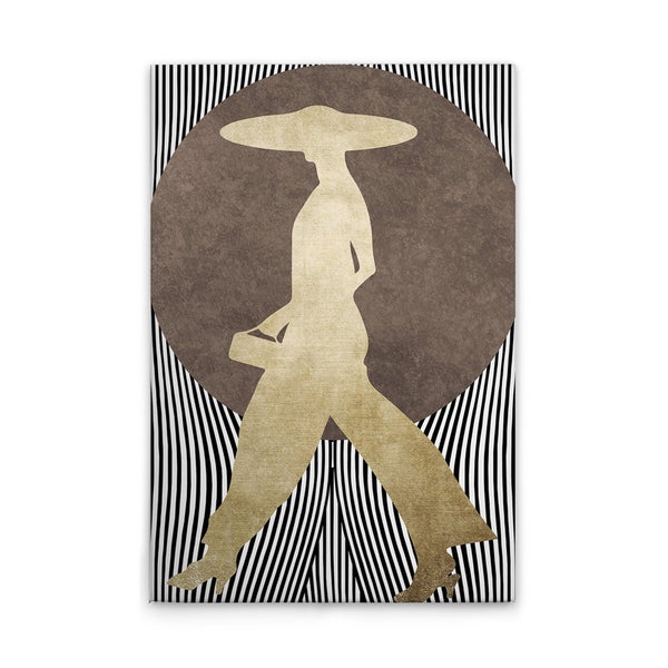 Dekoratives Wandbild mit einer stilisierten Frauensilhouette vor einem Kreis und Streifenmuster