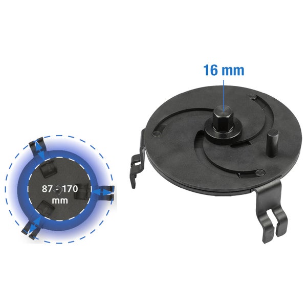 Ölfilterschlüssel mit 16 Millimeter Aufnahme und 87 bis 170 Millimeter Spannbereich