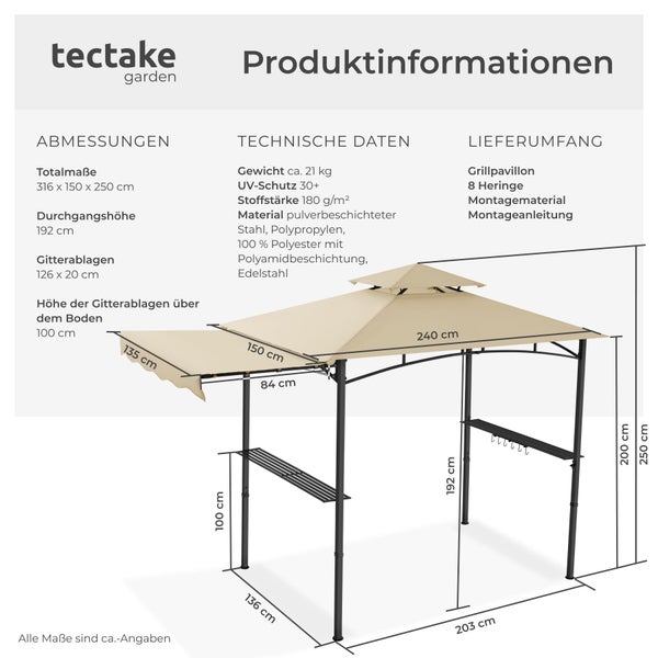 tectake garden Logo. Produktinformationen zum Grillpavillon mit Abmessungen circa 316 mal 150 mal 250 Zentimeter, technischen Daten und Lieferumfang.