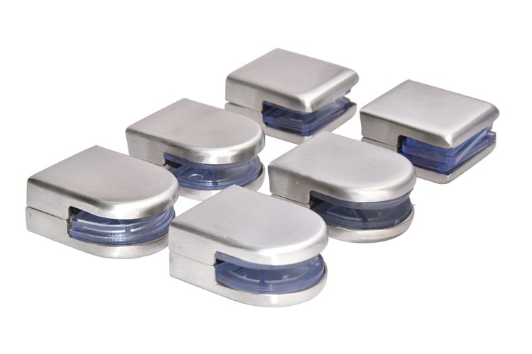 Set von sechs Edelstahl Glasklemmen mit Einlagen zur Befestigung von Glasscheiben