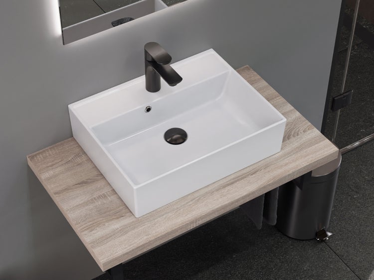 Aqua Bagno Basic Plan Waschbecken 10.16.30.02.2 – 50 x 38 cm – Weiß Hochglanz – Keramikbecken mit Hahnloch & Überlauf