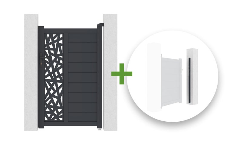 Anthrazitfarbene Aluminium-Gartenpforte mit dekorativem Muster und Querlamellen inklusive Montagezubehör.