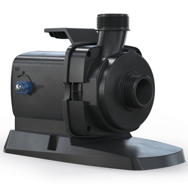 Schwarze Teichpumpe aus Kunststoff mit Gewindeanschlüssen, Tragegriff und blauem Funktionsschalter auf einem Standfuß.