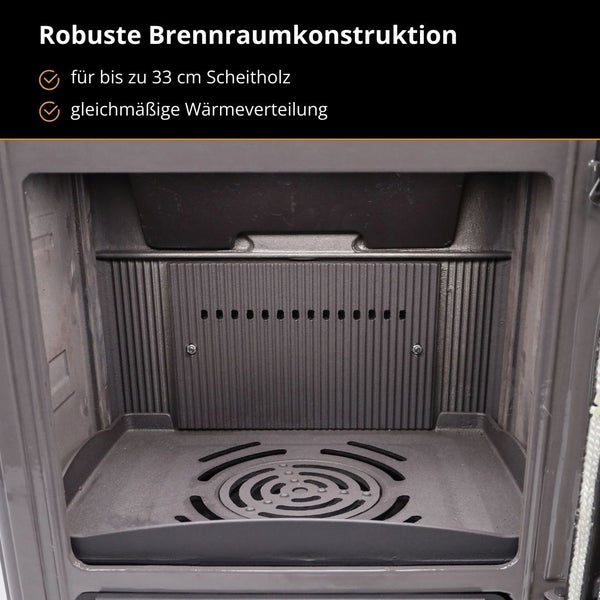 Robuste Brennraumkonstruktion eines Kaminofens für Scheitholz bis 33 Zentimeter mit gleichmäßiger Wärmeverteilung.