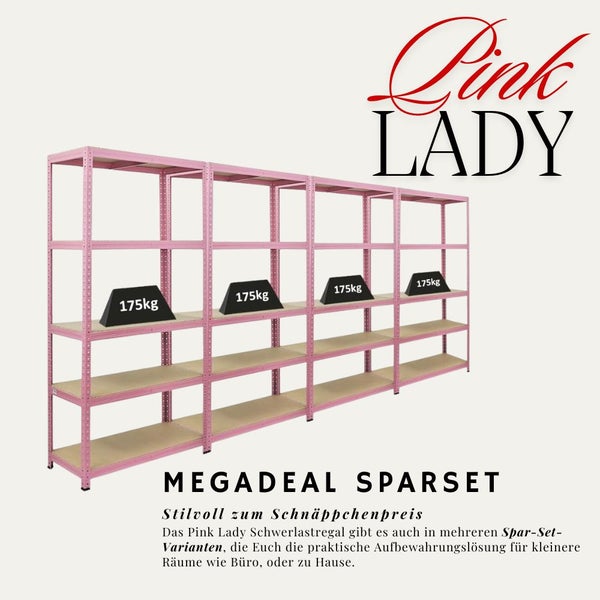 Pink Lady Logo und Sparset aus vier Schwerlastregalen mit je fünf Holzböden. Traglast pro Boden einhundertfünfundsiebzig Kilogramm.