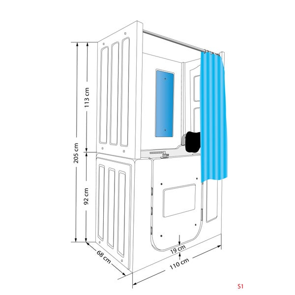 Maßskizze einer Dusche mit Badewanne und Sitz. Höhe 205 Zentimeter, Breite 110 Zentimeter, Tiefe 68 Zentimeter, Einstieg 19 Zentimeter.