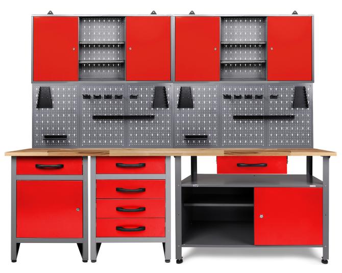 Ondis24 Werkstatt Set Tüftler 240 cm 2 Schränke rot, Werkstatteinrichtung, Werkbank
