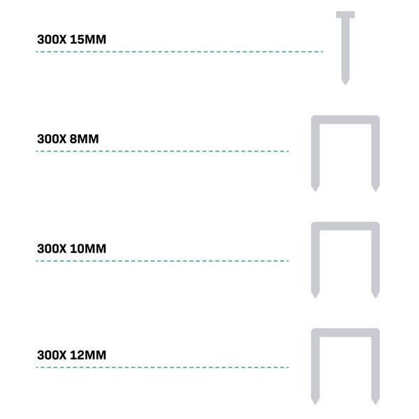 Abbildung verschiedener Größen von Nägeln und Klammern: 300 Nägel 15 mm, 300 Klammern 8 mm, 300 Klammern 10 mm, 300 Klammern 12 mm