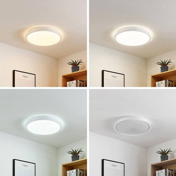 Runde LED-Deckenleuchte mit einstellbarer Farbtemperatur von warmweiß bis tageslichtweiß in einem modern eingerichteten Raum.