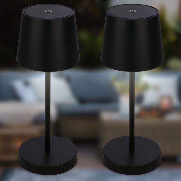 Zwei schwarze LED-Tischlampen im modernen Design mit rundem Fuß und konischem Schirm.