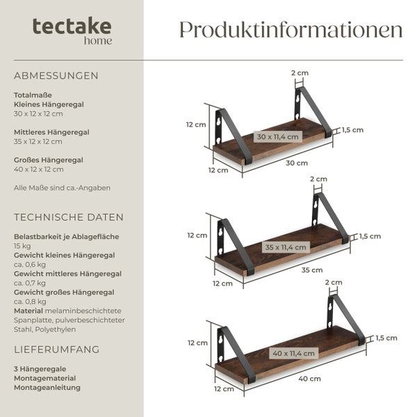 3er Set Wandregal tectake Cowell Höhe 12 cm Industrial Style Industrial Holz dunkel, rustikal