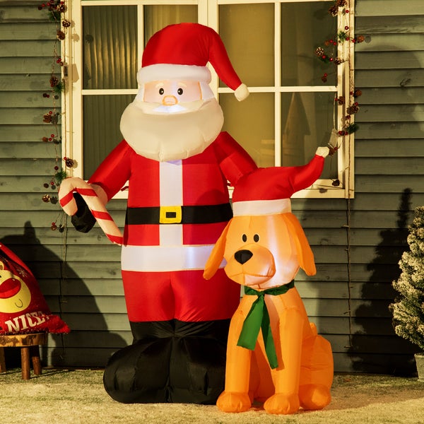Outsunny 157 cm Aufblasbarer Weihnachtsmann mit Hund, Selbstaufblasende Weihnachtsbeleuchtung, 117L x 65B x 108H cm, Polyester-Gewebe, Rot