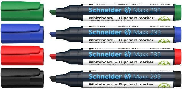 Schneider Maxx 293 Whiteboard- und Flipchart-Marker, Set mit vier Stück in verschiedenen Farben und Keilspitze.