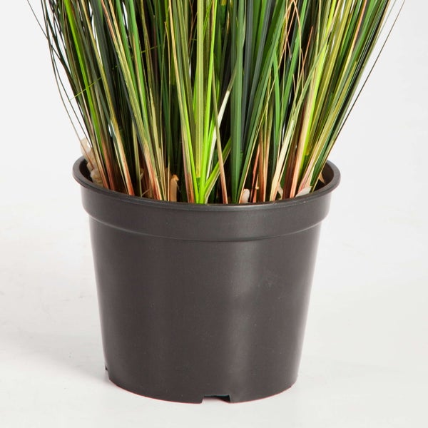 Künstliche Graspflanze in einem schwarzen Kunststofftopf.